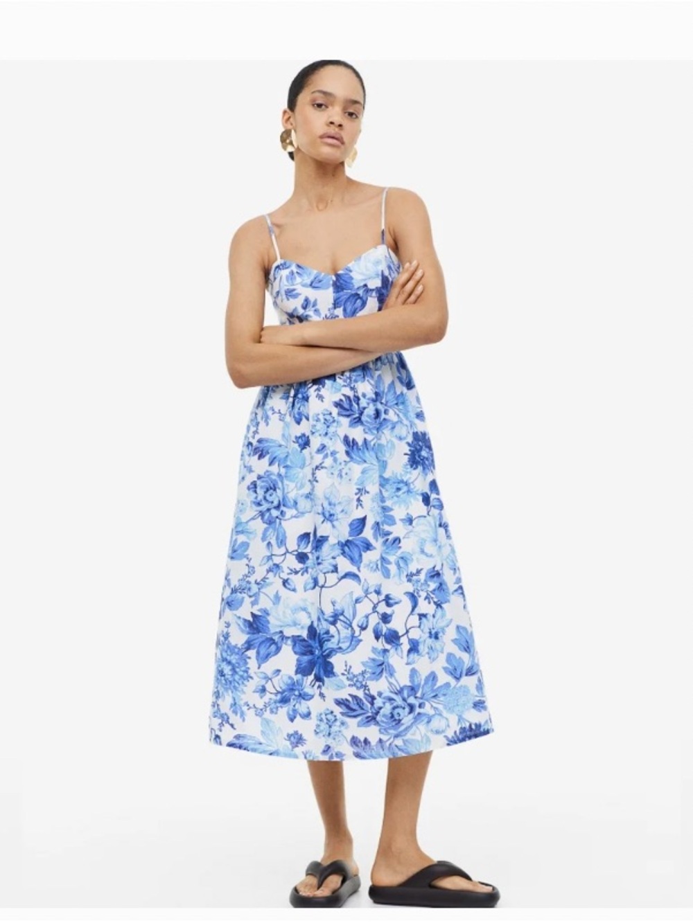 H&M Cream and Blue Floral A-Line Midi Dress - XXL